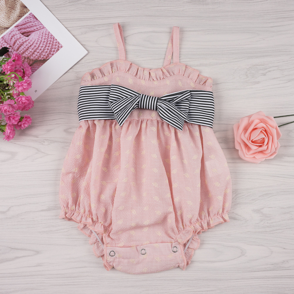 ins亚马逊爆款 2019夏款婴儿粉色短袖蝴蝶结连体衣 baby clothes