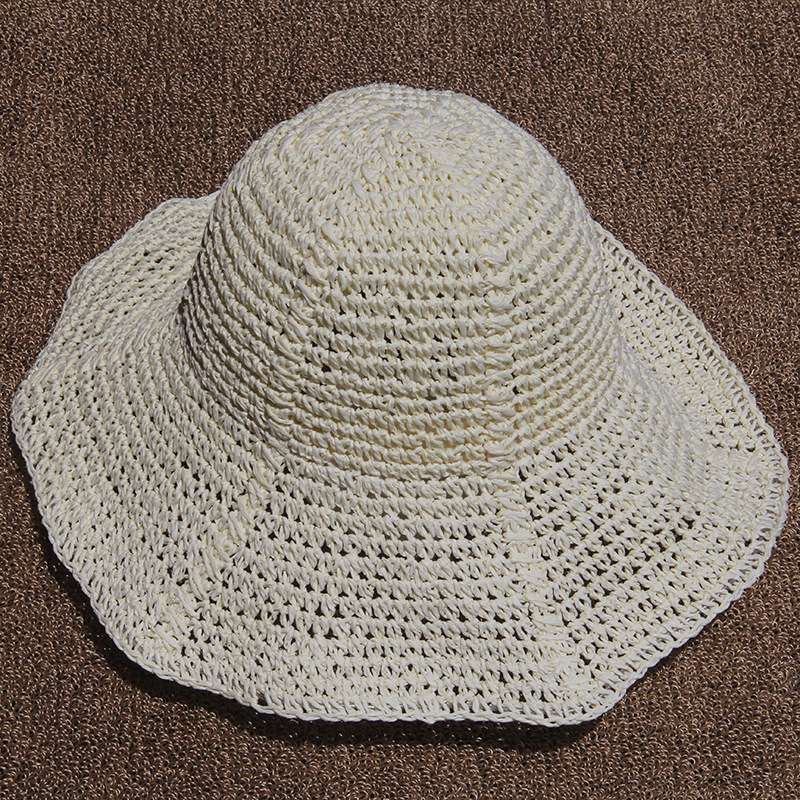 夏天新款手钩草帽女 度假沙滩帽手工盆帽可折叠大檐女士草帽