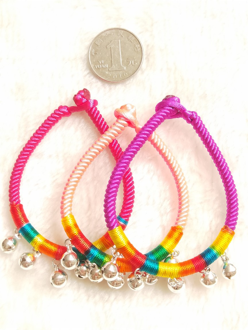 端午节五彩绳小铃铛手链手工编织手绳宝宝脚链男女儿童手链饰品