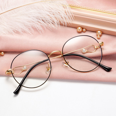 新款时尚复古眼镜框可配近视眼镜架 潮流珍珠平光镜开球框架眼镜