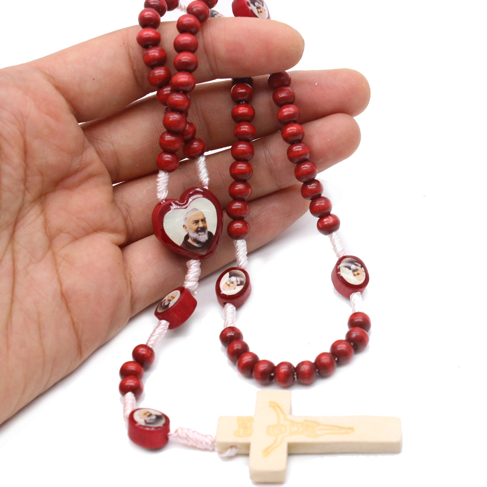Foreign Trade Hot Wine Red Map Wooden Bead Hand-Made Religious Rosary Necklace Cross Ornament Hand-Held Rosary