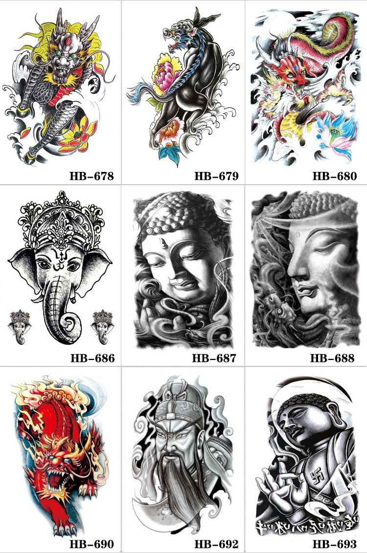 花臂纹身贴半臂关公悟空大圣二郎神龙狼黑色大图案现货水转印贴画