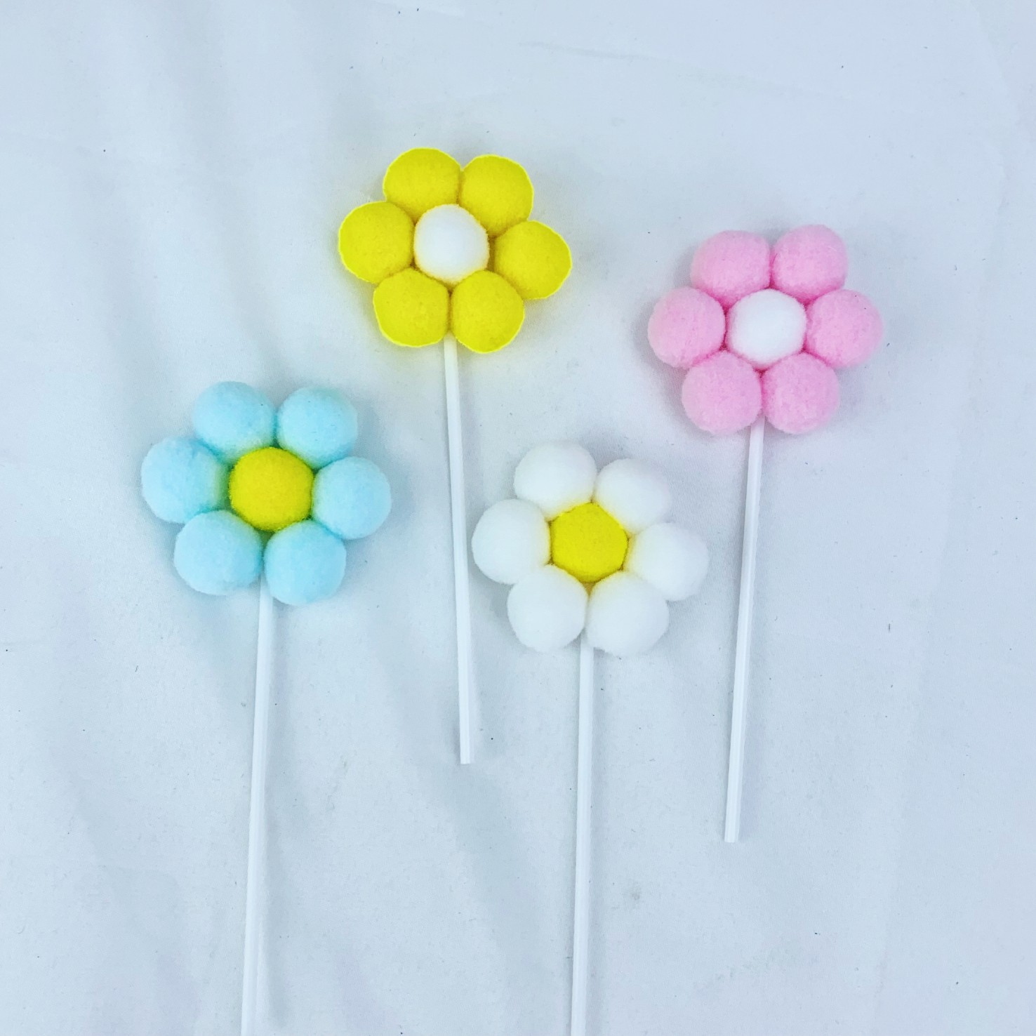 毛球小花朵用品蛋糕 太阳花生日用品装饰插牌 烘焙甜品台派对插件