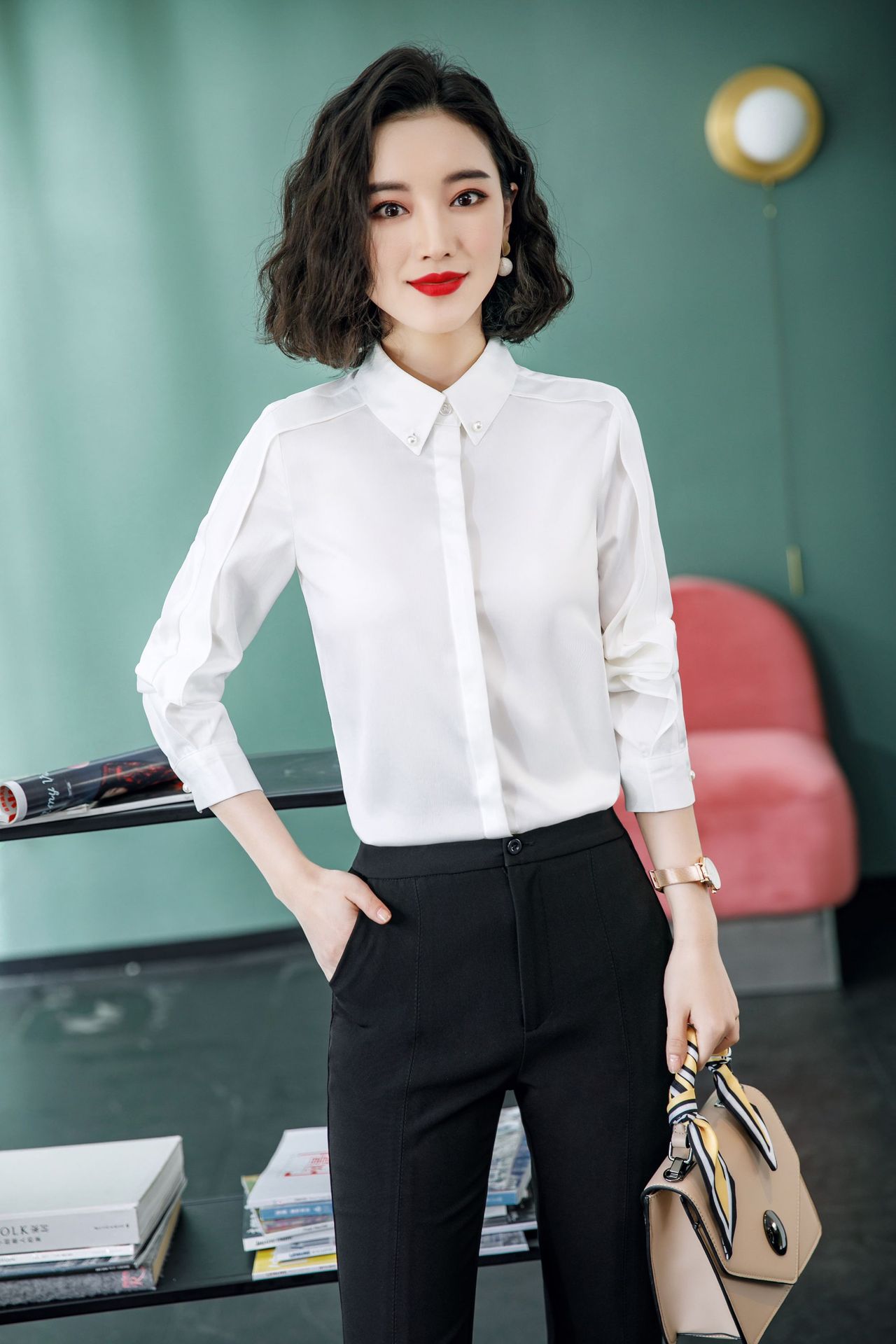 女士衬衫职业翻领白衬衫美容院导师长袖女款职业装女装正装