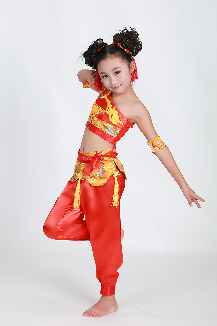 儿童表演演出服红绸舞秧歌腰鼓红色喜庆灯笼舞舞蹈舞台服装新款女