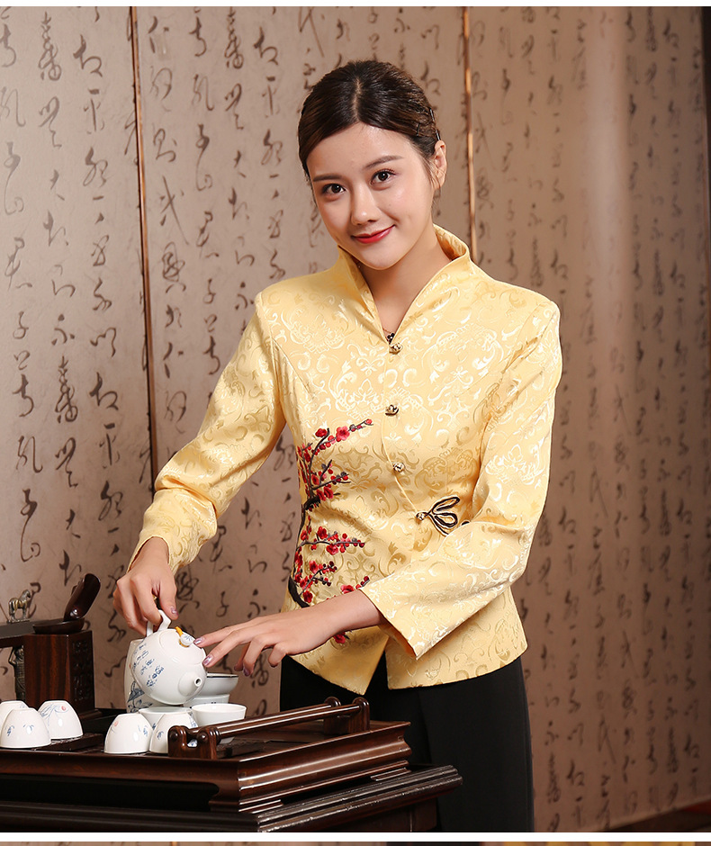 茶楼餐饮火锅店茶楼茶艺唐装制服女饭店餐厅酒店服务员工作服长袖