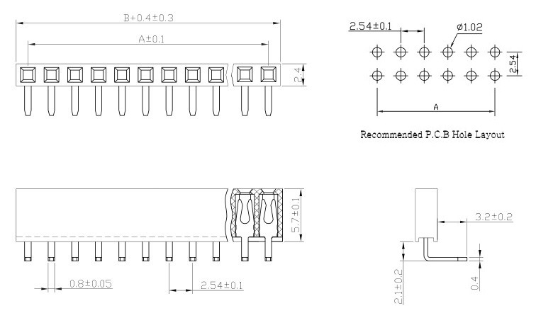 排针排母 2.54间距弯插排母 排母ph2.54 h5.7 单排弯排母