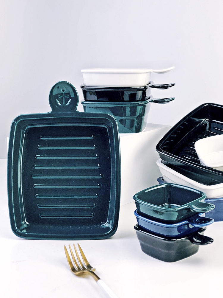 欧式陶瓷烤盘带柄芝士焗饭盘创意西餐盘子烤箱餐具家用味碟沙拉碗