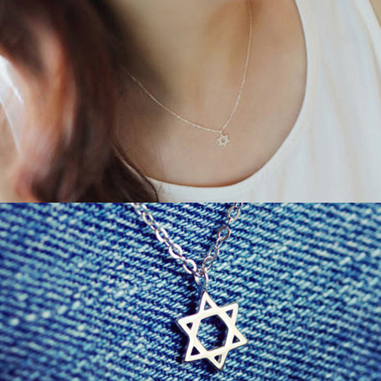韩版明星同款925银镂空六芒星锁骨项链吊坠六角星缕安项链套链