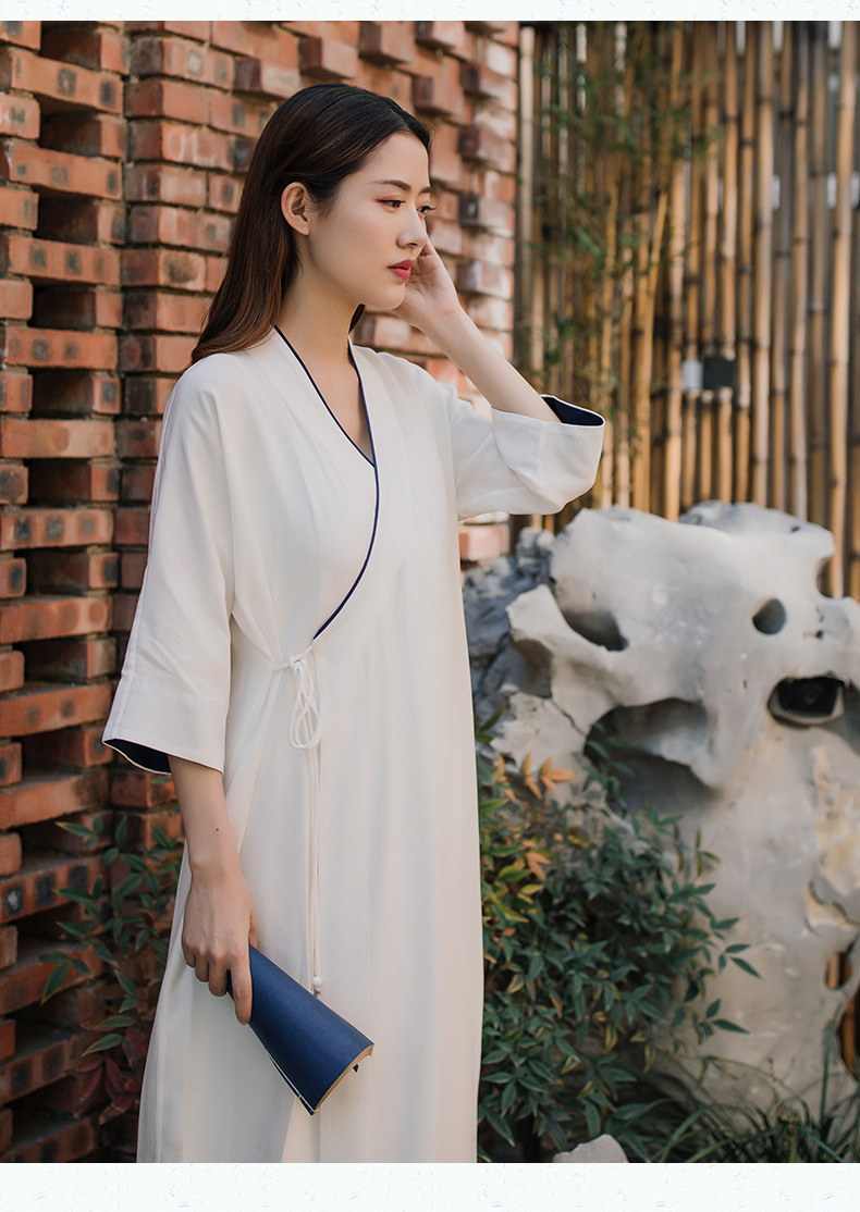 起念2020秋冬新款禅意中式长衫禅服茶服中国风开衫系带连衣裙女