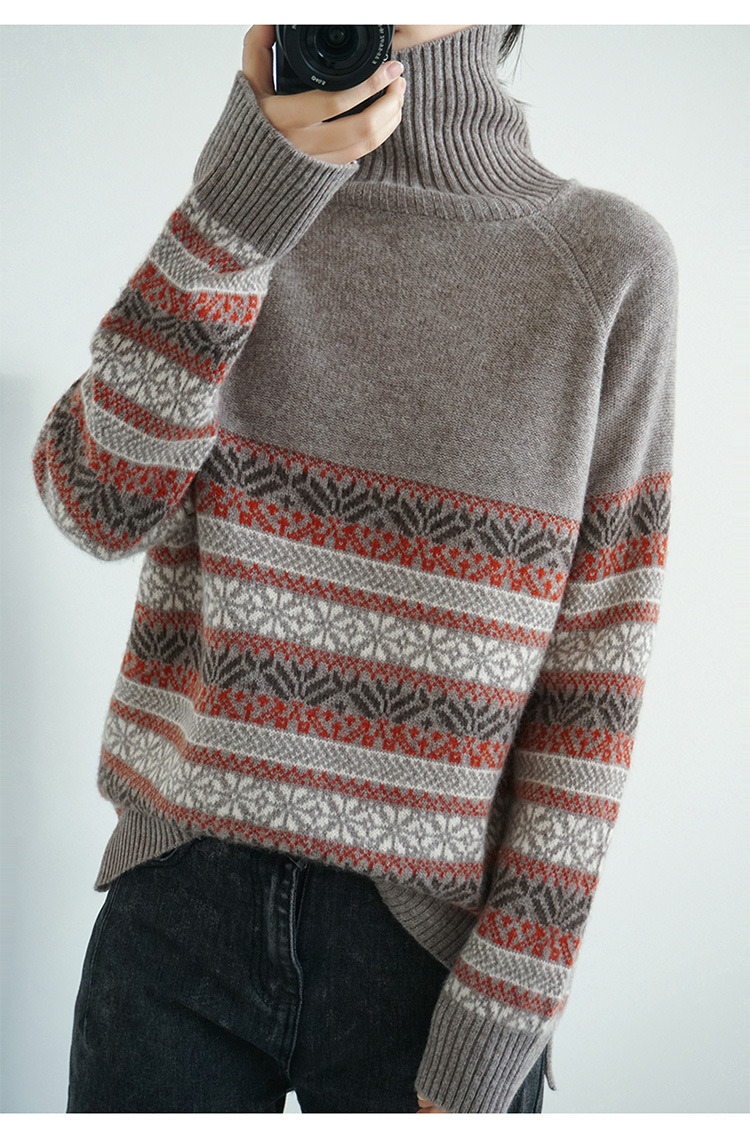 冬季新款复古高领毛衣女欧洲站费尔岛提花羊绒衫羊毛衫一件代发