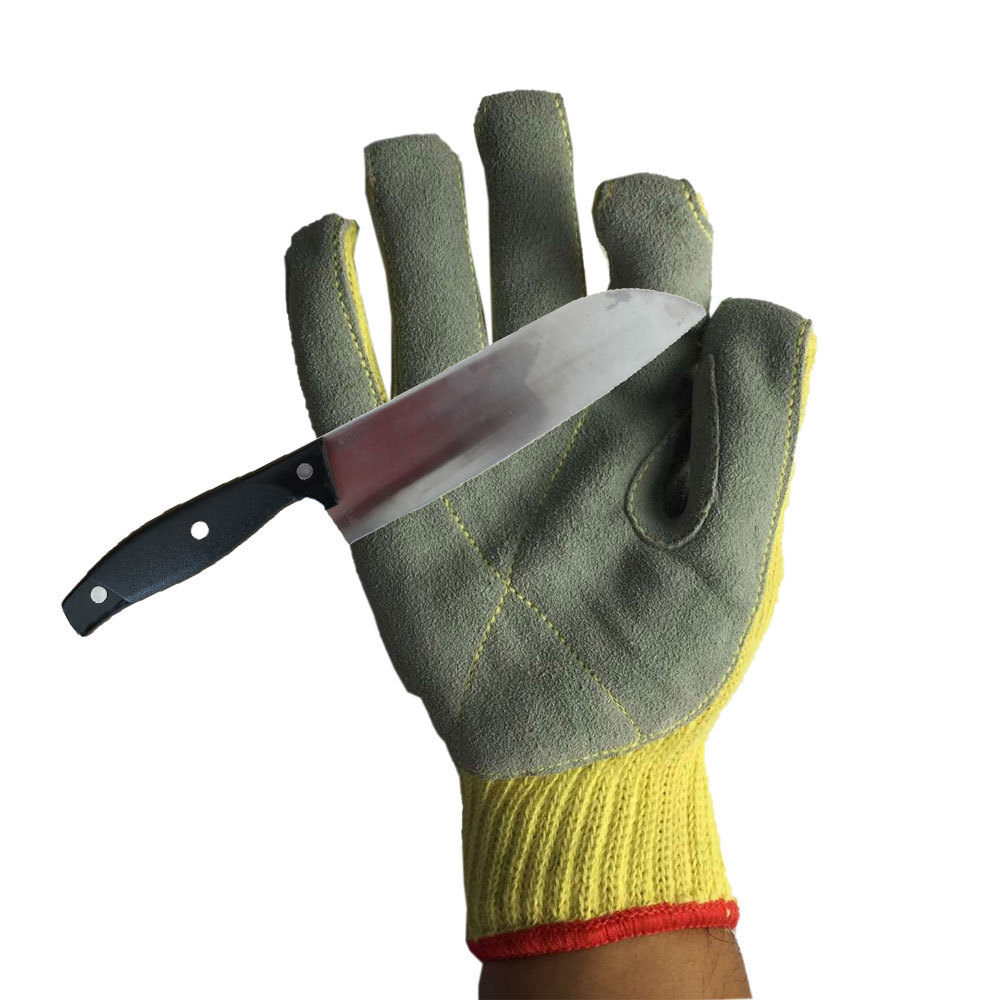 厂家直销贴牛皮耐磨防穿刺牛二层安全屠宰防砸5级防割毛圈手套