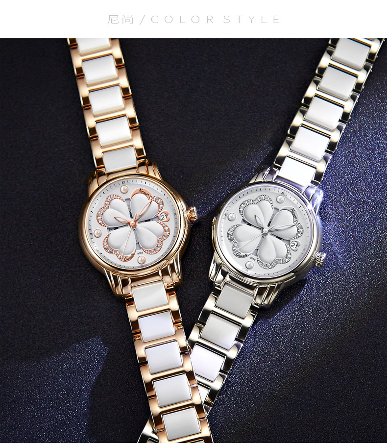 尼尚2019新款ins风石英女士手表时尚潮防水镶钻四叶草陶瓷表9069