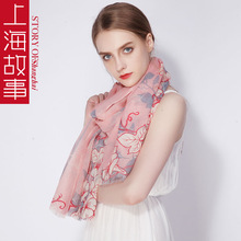 新款上海故事羊毛围巾女秋冬季印花长款流苏保暖空调披肩一件代发