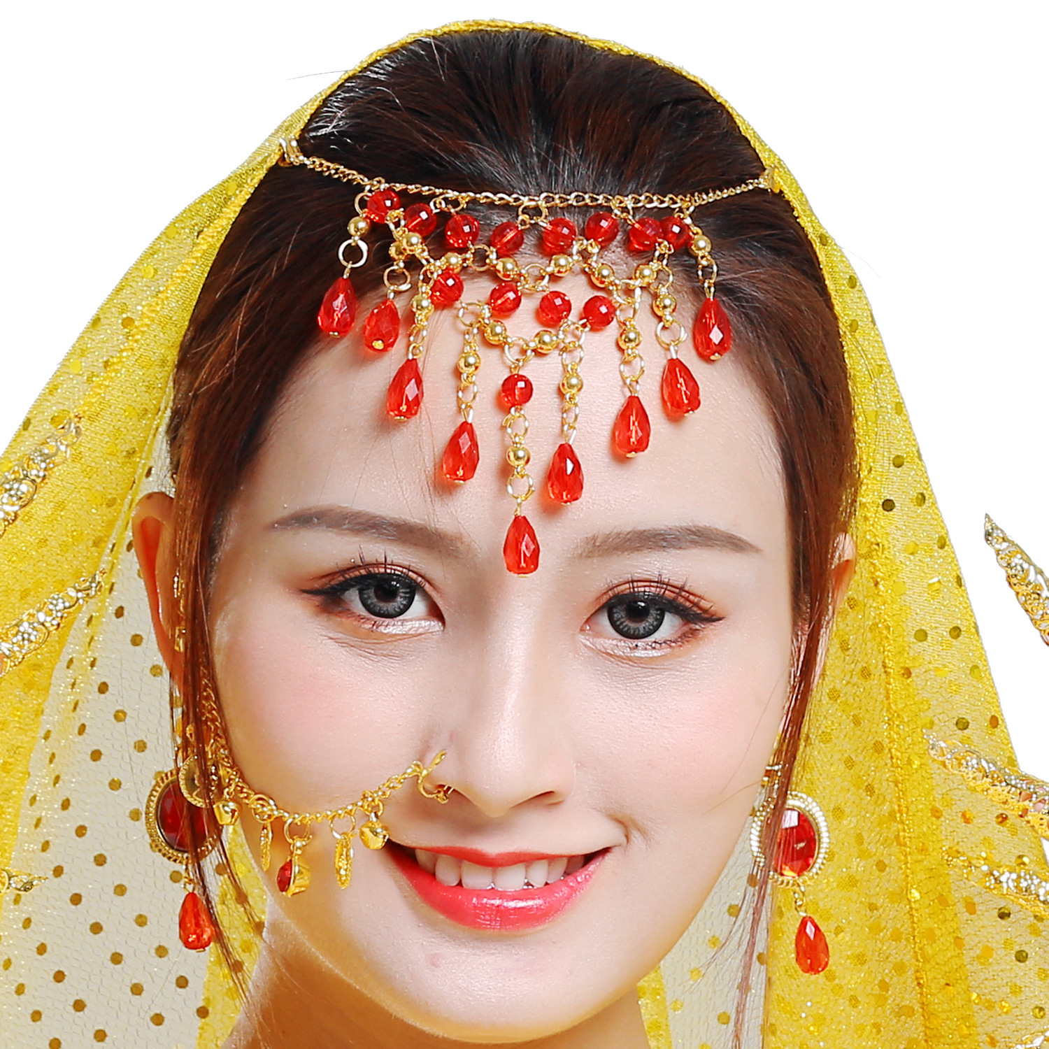 肚皮舞蹈配饰品印度舞演出红珠水滴头链民族舞蹈头饰眉心坠亚克力