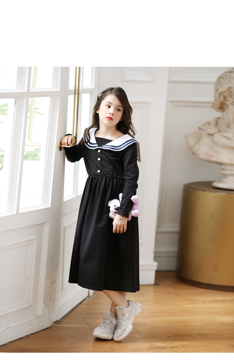 19秋季新款海军裙黑色长袖大翻领休闲百搭收腰中大女童连衣裙6803