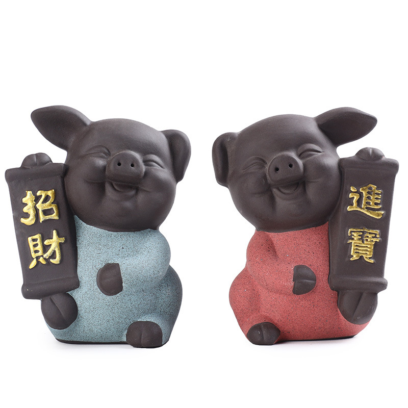 工厂陶瓷茶宠彩砂陶汽车饰品招财进宝猪花盆摆件桌面茶盘卡通茶宠