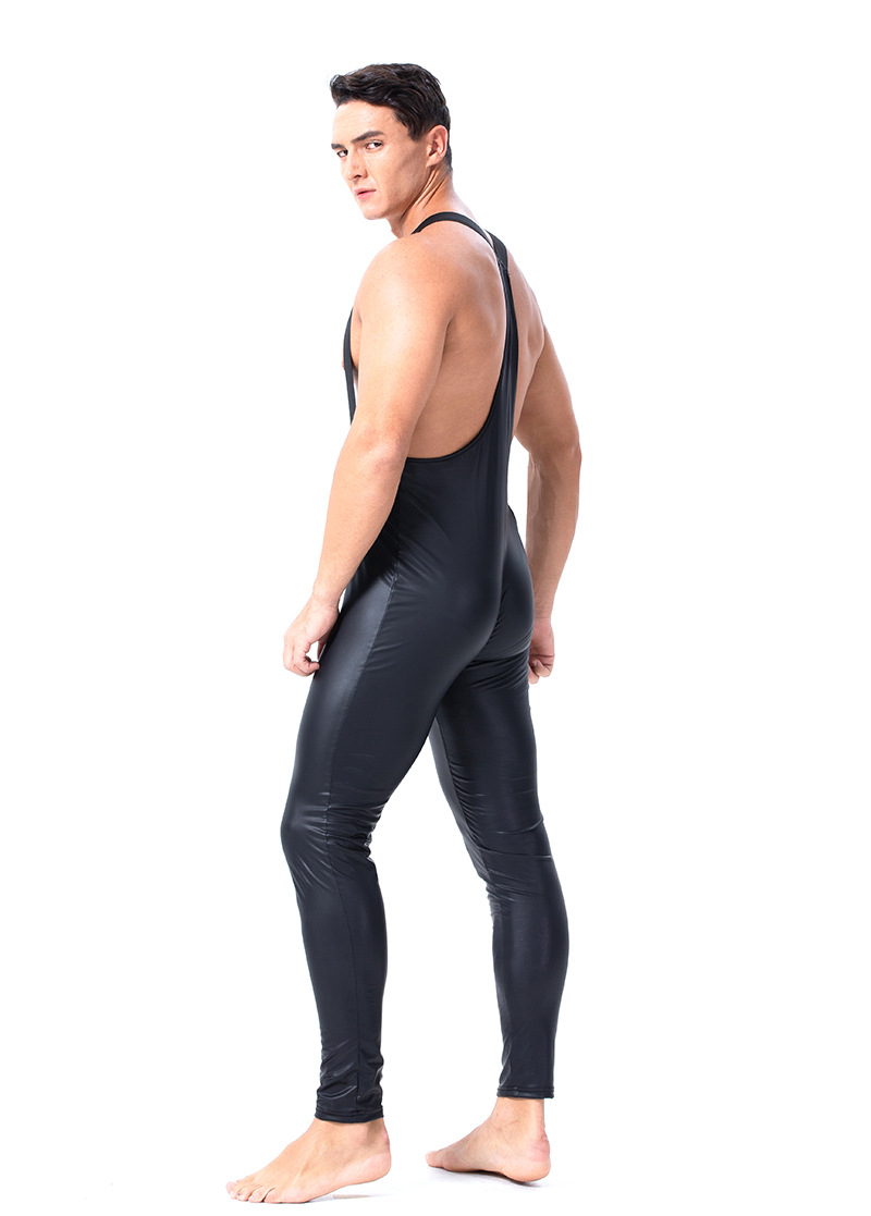 欧美男士漆皮新款紧身连体衣双拉链头开裆夜店舞台ds演出服背带裤