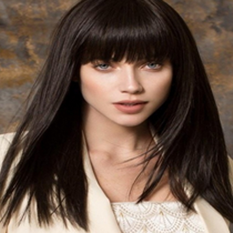 跨境欧美女士黑色齐刘海长直发化纤假发速卖通亚马逊厂家批发
