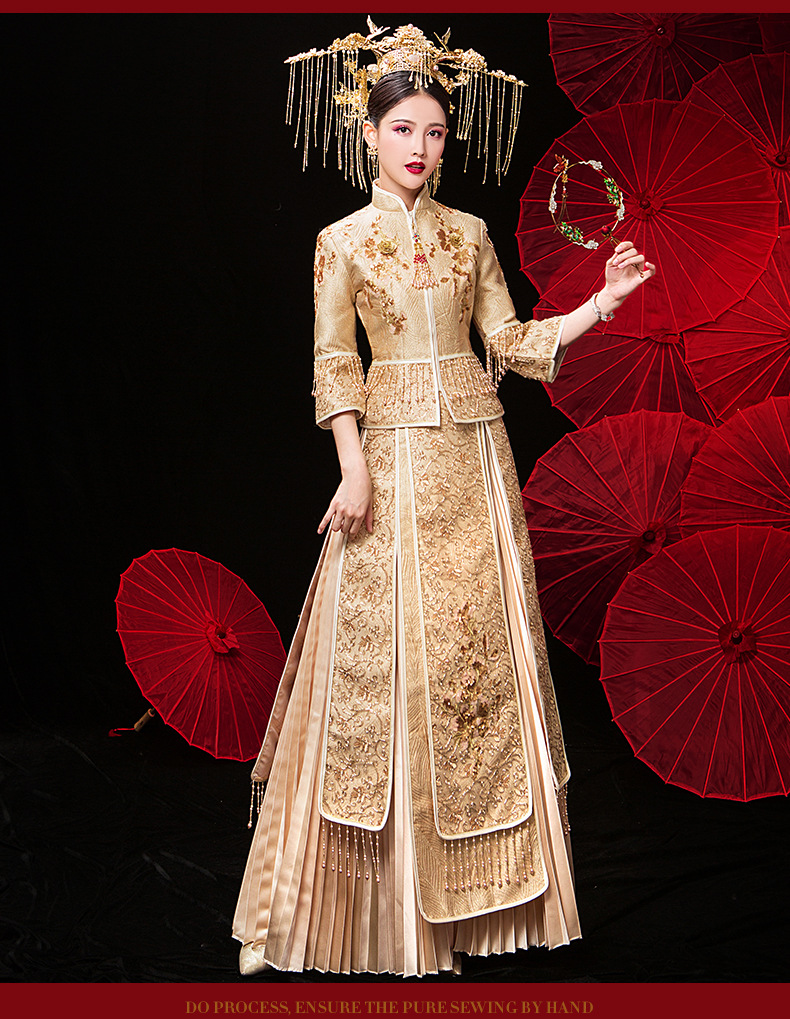 秀禾服新娘香槟金色秀禾2019新款凤冠霞帔结婚古装嫁衣婚纱中式女