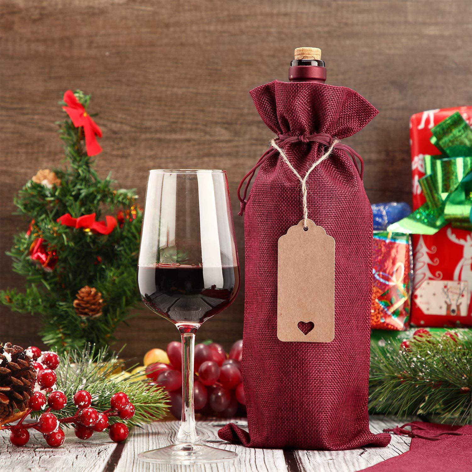 12-Piece Set Linen Wine Bag Double Drawstring Wine Bag with Rope and Label 15x35cm Wine Red Eco-friendly Bag