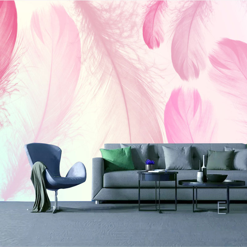 简欧粉红羽毛墙纸网红少女心甜品服装店美妆美甲店壁纸拍照背景墙
