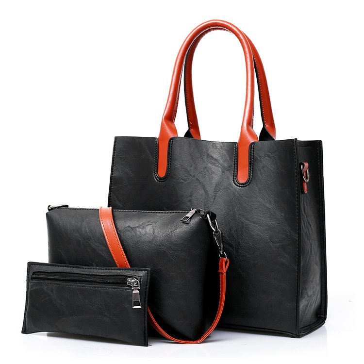 Cross-Border Women's Bag 2021 New European and American Fashion Three-Piece Set Oil Leather Handbag Solid Color One-Shoulder Crossboby Bag