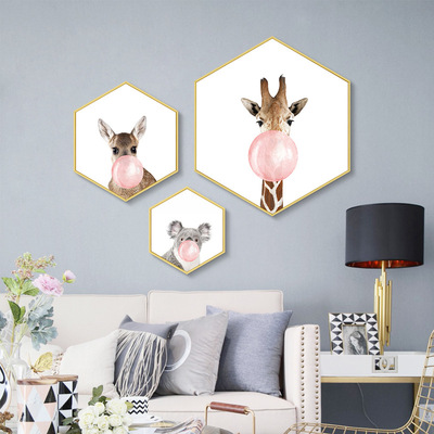 厂家直销 北欧风可爱动物装饰画现代简约客厅卧室创意挂画六边形