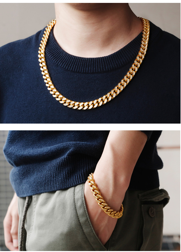 新款跨境嘻哈说唱项链配饰 欧美满钻男士大金链霸气古巴链潮手链