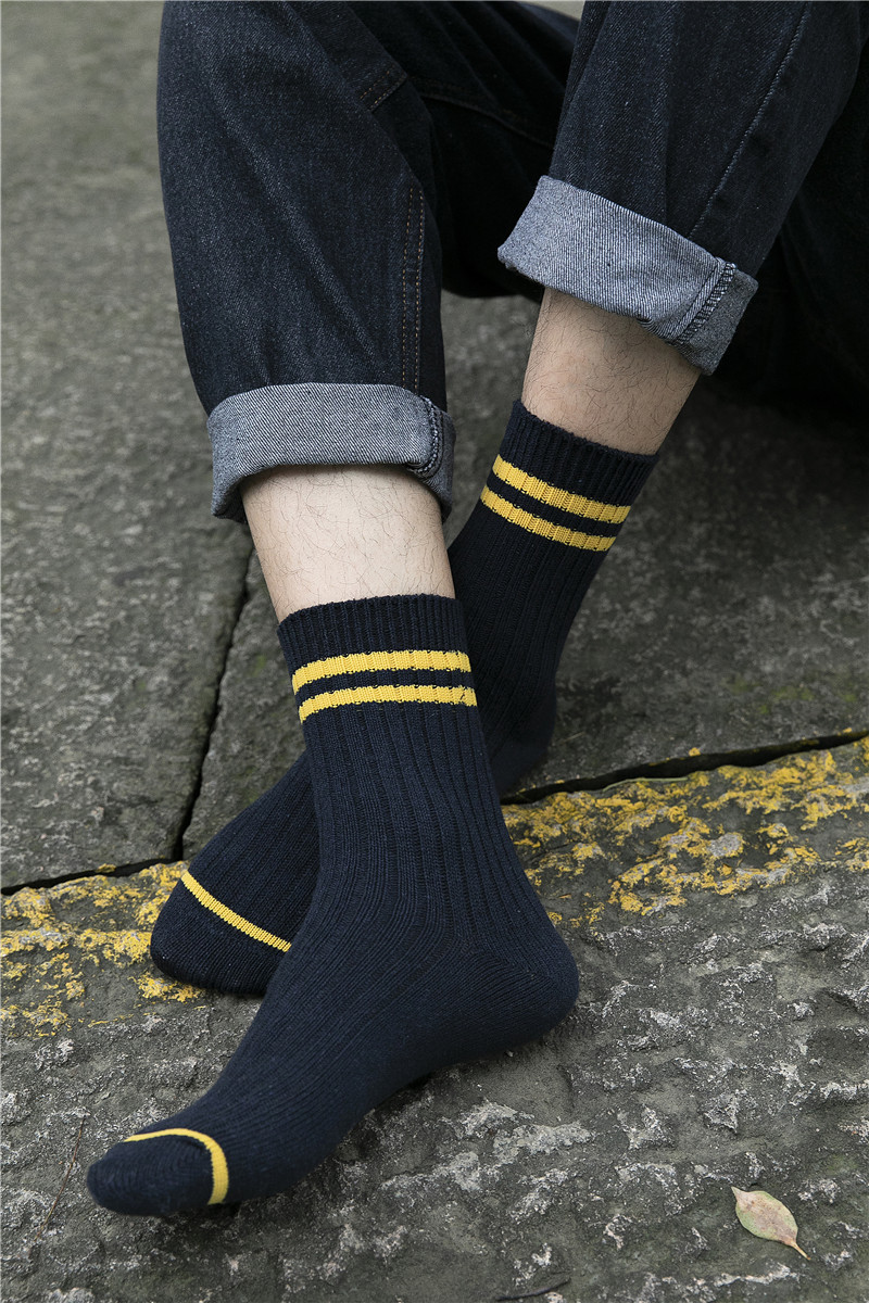 秋冬双针男士粗线两杠棉袜 欧美街头情侣保暖中筒袜 双杠加厚袜子