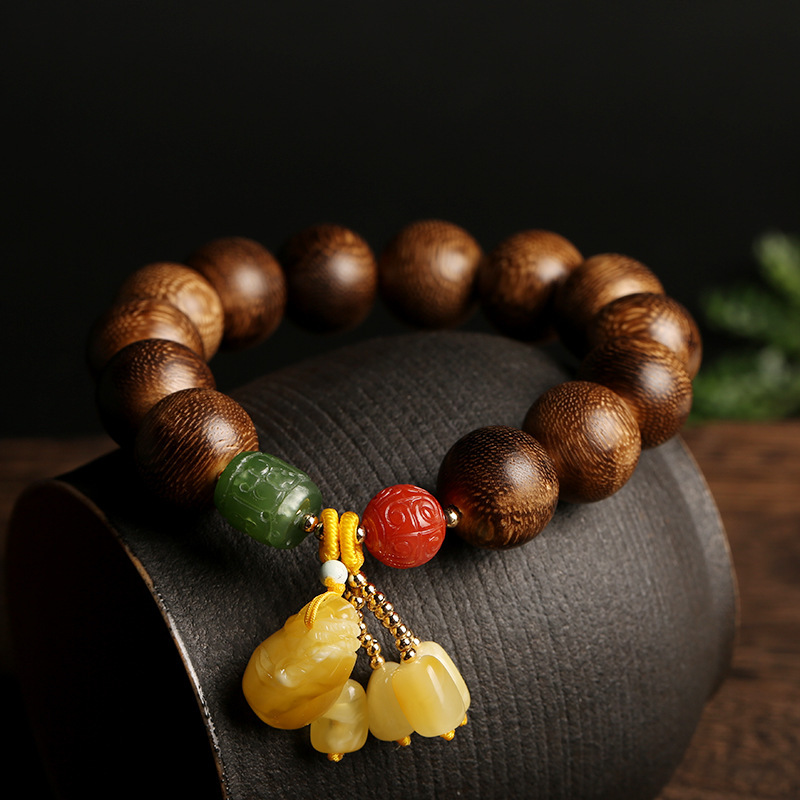 天然加里曼丹沉香手链多宝 野生土沉圆珠手串搭蜜蜡钱袋时尚财富