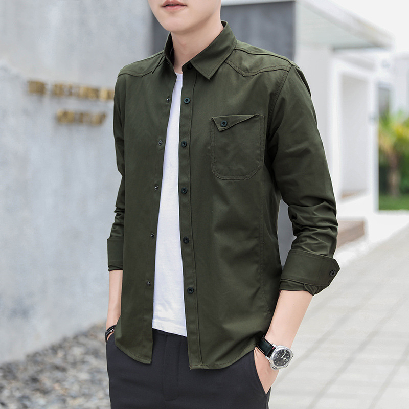 青年长袖衬衫男韩版修身秋季休闲大码衬衣长袖军装纯色衫一件代发