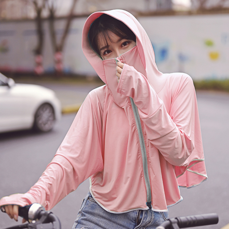 Sun-Protective Clothing Ladies New Summer Outdoor Cycling and Driving Zipper Hooded Shawl Air-Permeable Beachwear Ice Silk Sun Protection Clothing