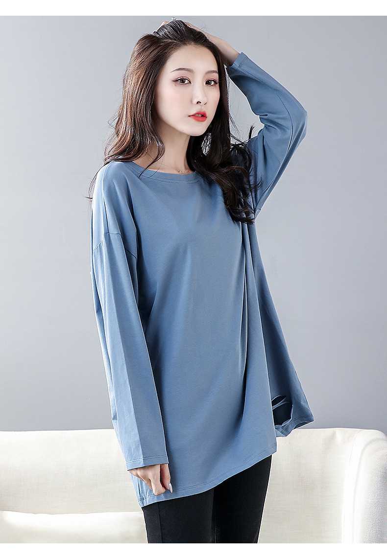 雾霾蓝宽松破洞t恤女中长款秋冬学生欧货大版长袖内搭打底衫ins潮