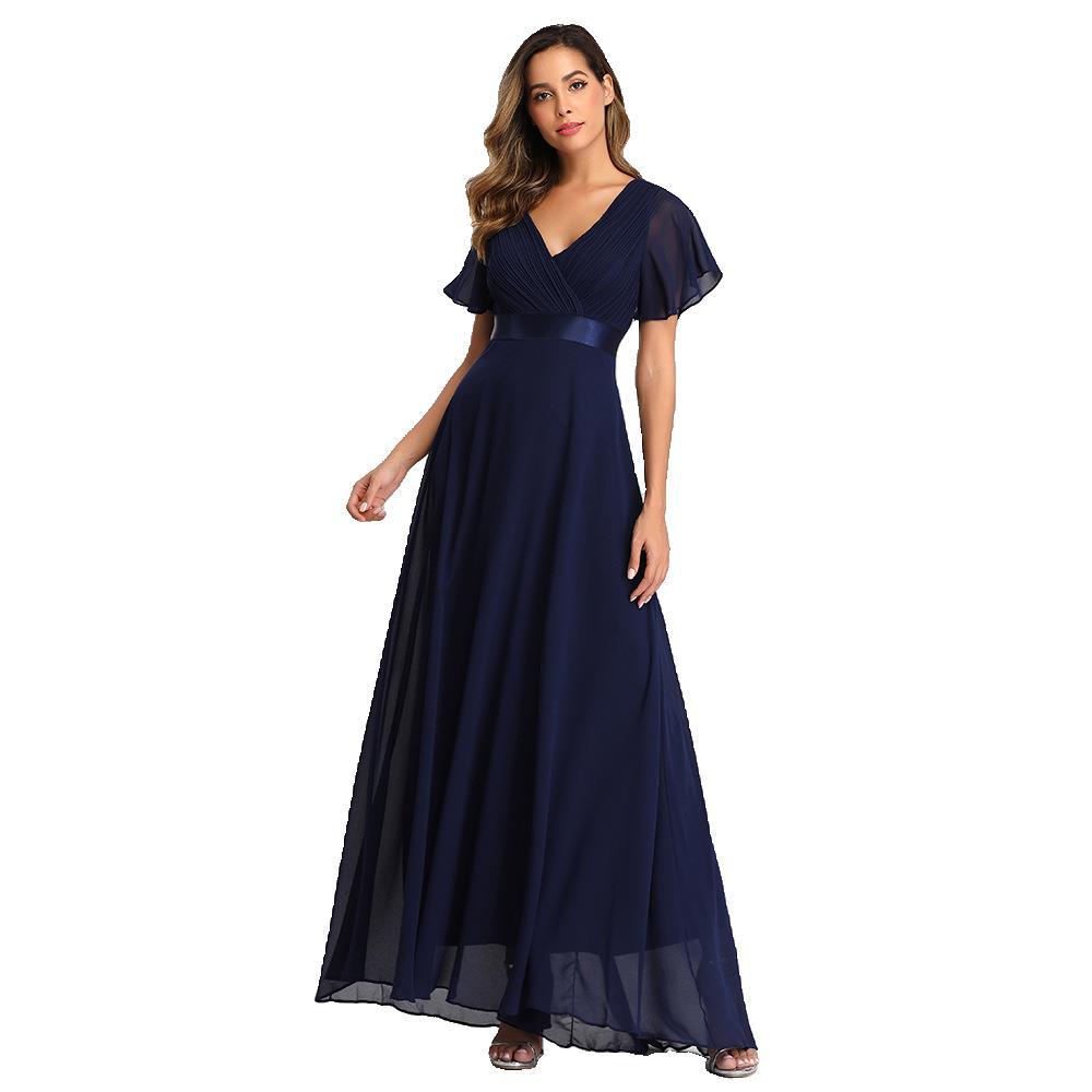 Double V-neck Flared Sleeve Dress Chiffon Evening Gown