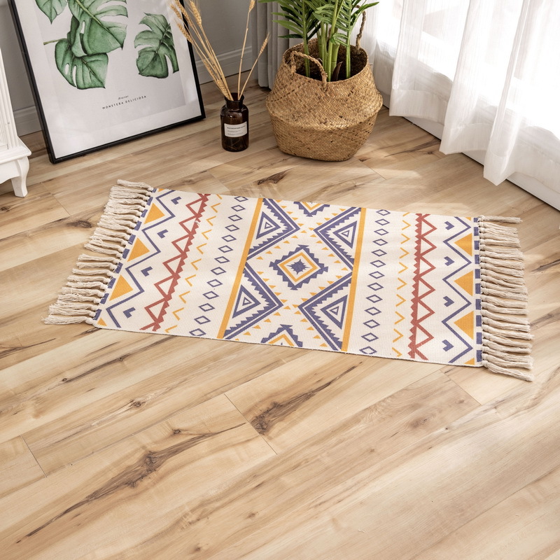 Retro Ethnic Style Tassel Floor Mat Nordic Simple Cotton Linen Door Mat Bedroom Bedside Foot Mat Living Room Coffee Table Carpet