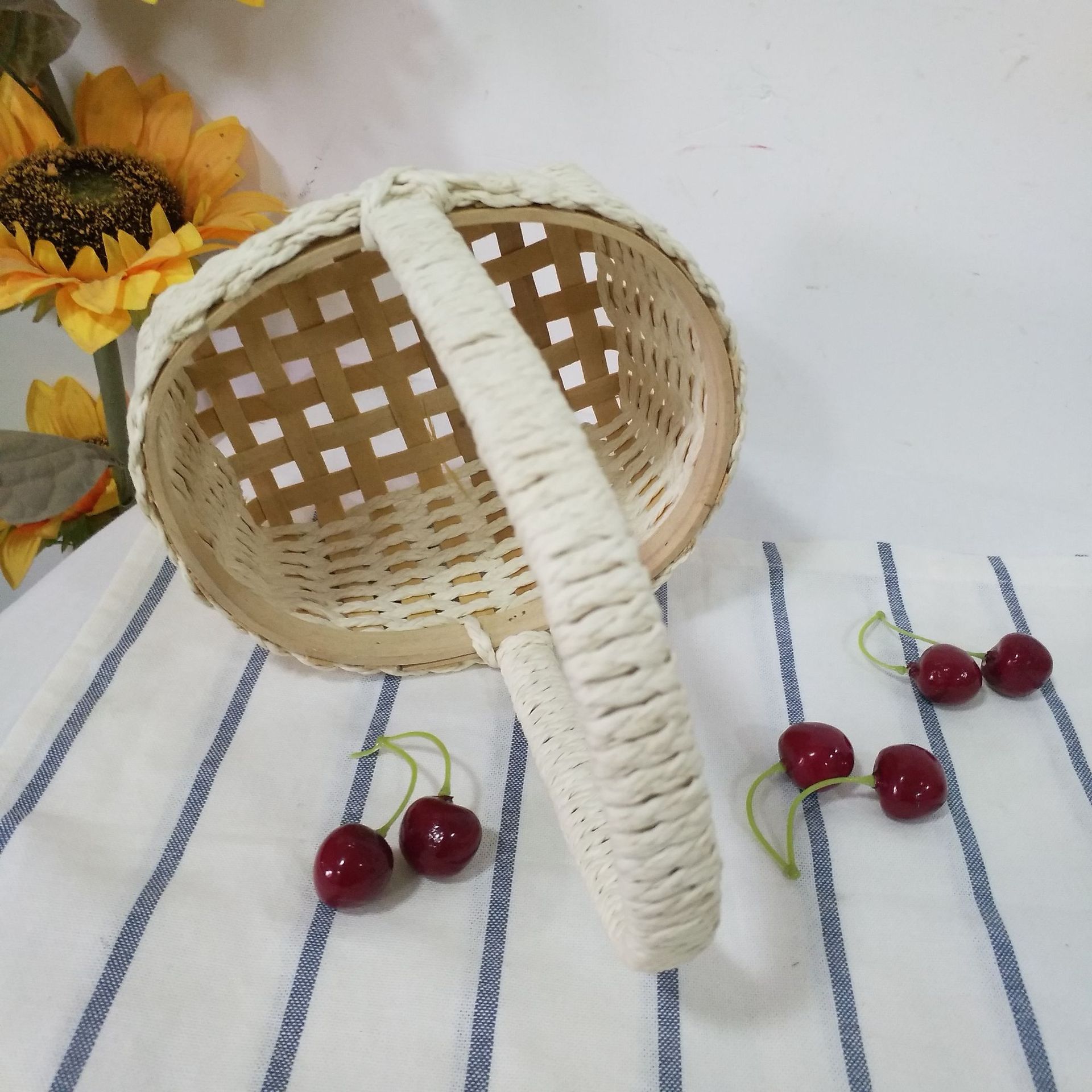 木片纸绳混编织手提礼品包装篮子插花篮子杂物收纳篮子