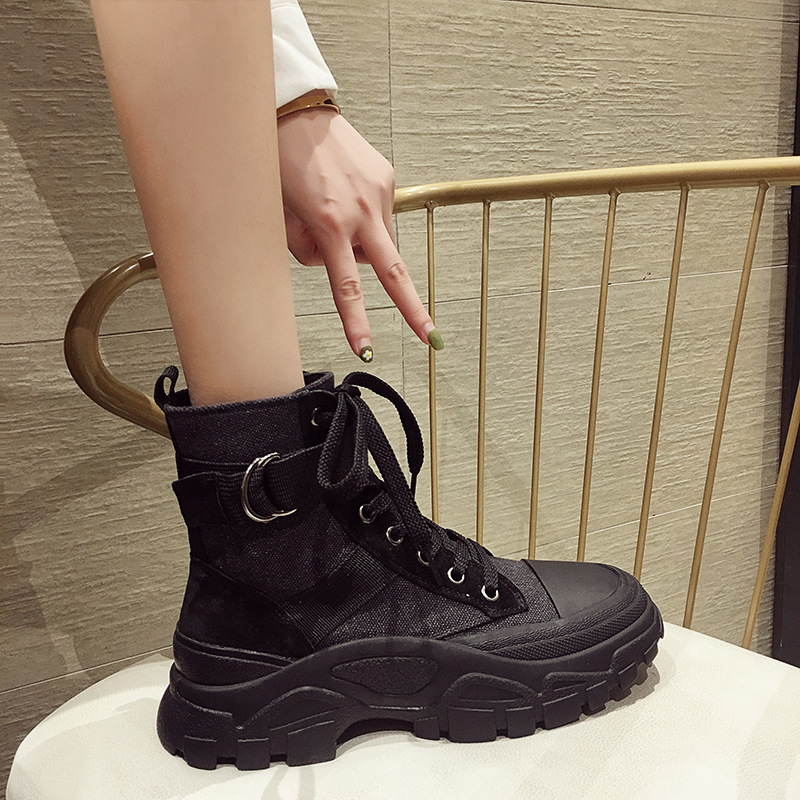 真皮ins马丁靴女英伦风2019新款秋季网红百搭厚底帆布系带透气沙