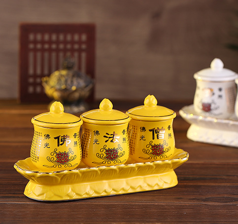陶瓷佛具浮雕供佛法僧佛家寺庙寺院结缘三杯圣水杯净水杯工厂批发