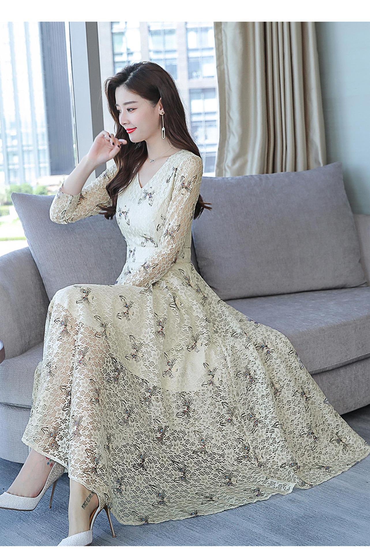 实拍2019春装新款长袖蕾丝连衣裙女显瘦遮肚中长款大码女裙