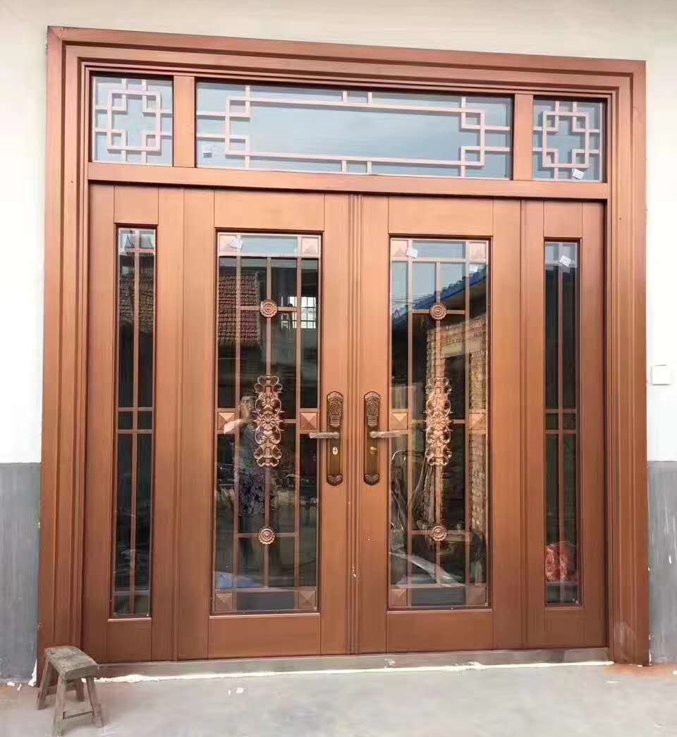 时尚别墅客厅铝板拼接门 仿真铜锌合金非标门 双开进户防盗玻璃门
