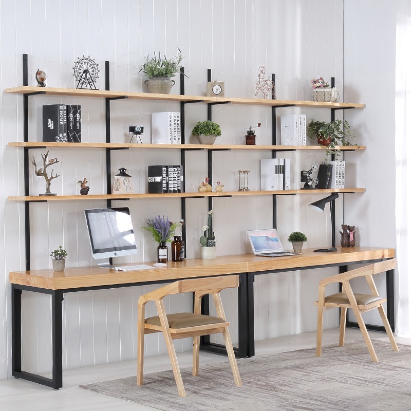简约单人实木写字台 书架一体铁艺桌柜组合书房长条电脑桌可定制