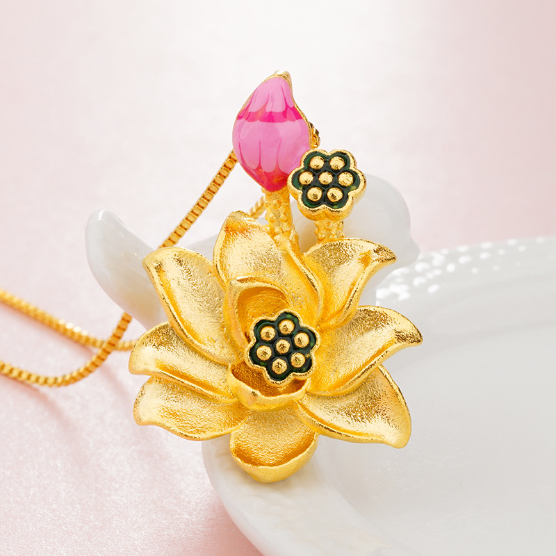 沙金高仿3d硬金烤漆圣洁莲花女款吊坠 镀999足金荷花送妈妈闺蜜