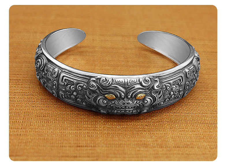 足银复古款上古神兽霸气饕餮兽面纹手镯 厂家直销批发定制