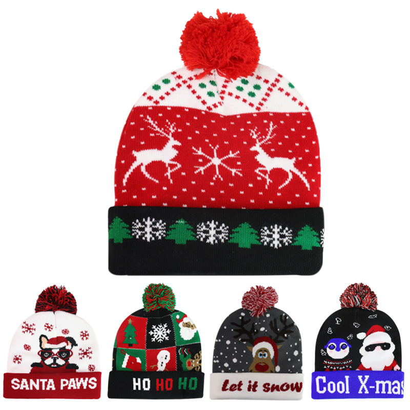 2023 Cross-Border New Arrival Removable Battery Style Colorful Luminous Knitted Hat Santa Claus Led Light Christmas Hat