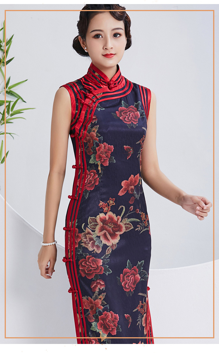 倾城粉黛真丝长款三道滚边手工盘扣中袖旗袍裙礼服2019春新款宴会