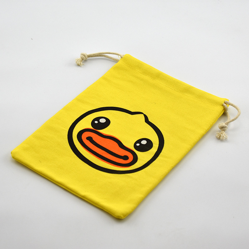 黄色8安棉布袋 卡通鸭子印花束口袋 礼品棉布袋 印花图案棉布袋