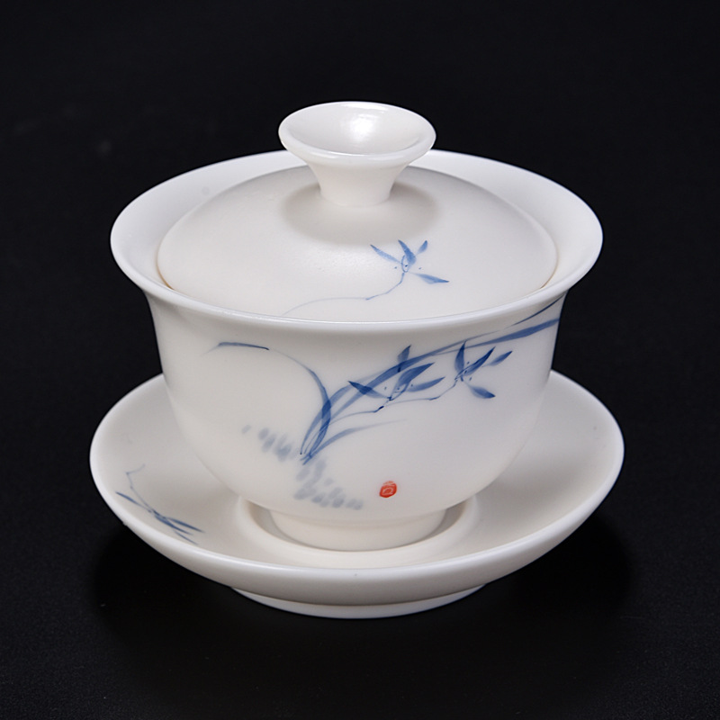 手绘粉彩景德镇纯手工盖碗茶杯 白瓷功夫茶具茶碗 薄胎三才碗大号