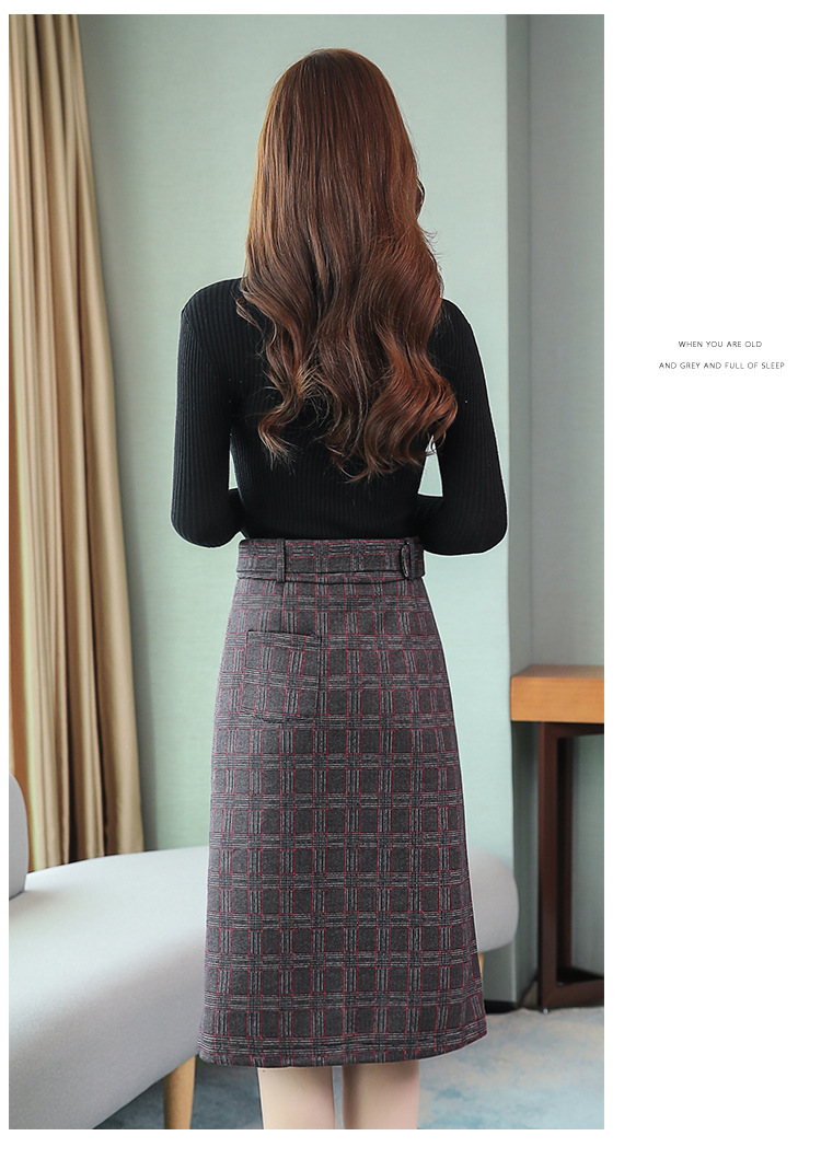 格子包裙半身裙秋冬直筒中长毛呢长款裙子2019新款冬裙