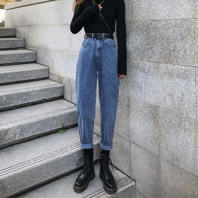牛仔裤女2020春季新款萝卜裤欧美哈伦裤高腰显瘦直筒宽松老爹裤子